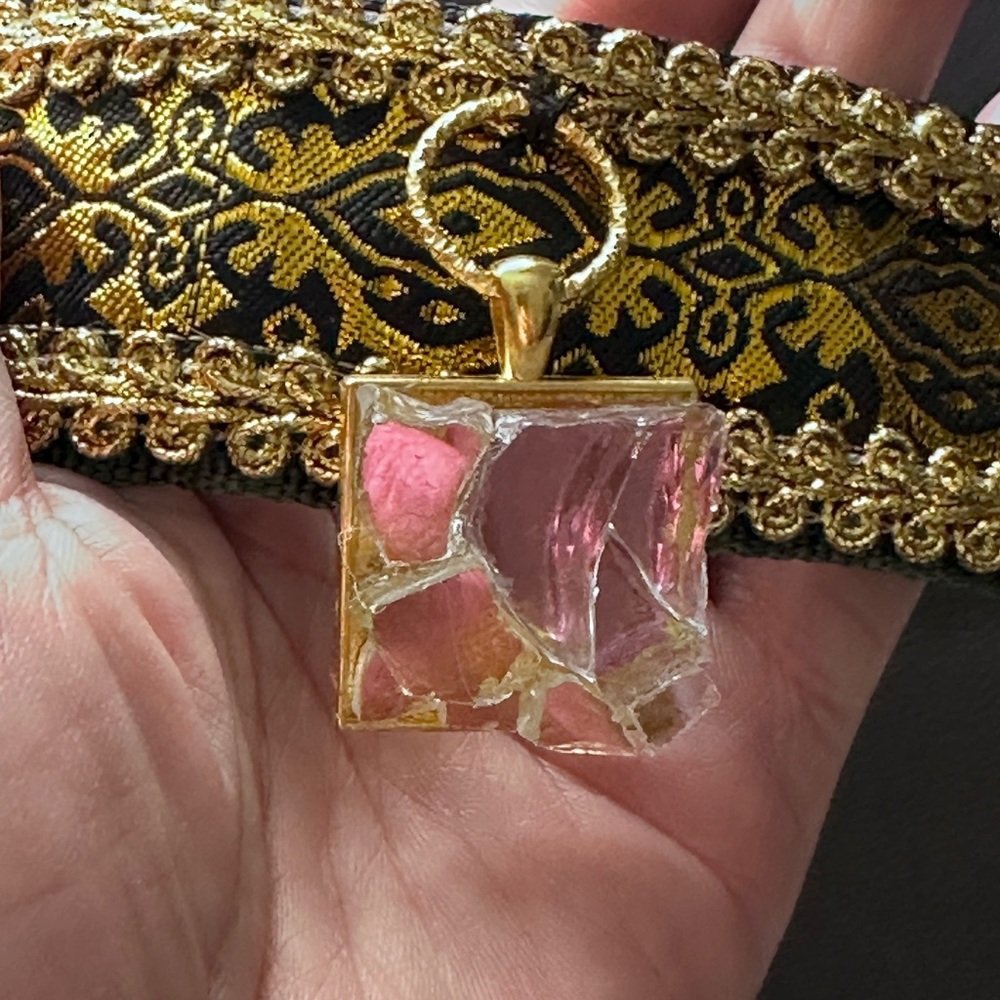 OOAK Handmade Gold Brocade Choker + Mosaic Glass Pendant – Boho Collar Nexklace - Picture 2 of 15